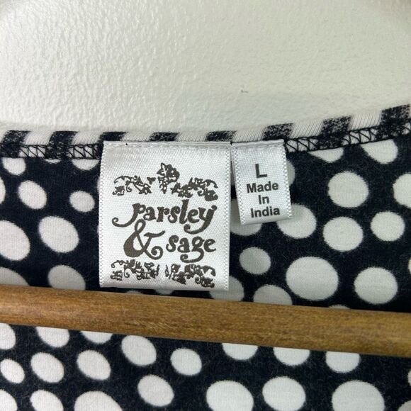 Parsley & Sage Boho Patchwork Top L Black White Polka Dot Stripe Artsy Button - Picture 5 of 11
